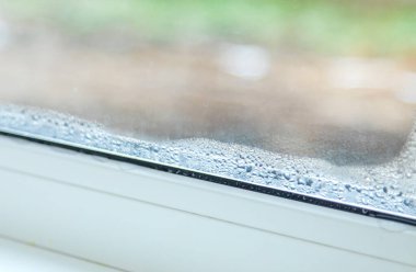 Plastik bir camdaki nem. Seçici odaklanma. Ev.