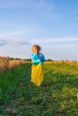 Ukrayna bayrağıyla buğday tarlasında bir çocuk. Seçici odaklanma. Çocuk.