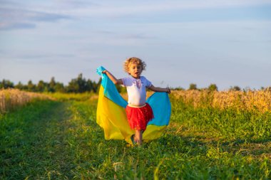 Ukrayna bayrağıyla buğday tarlasında bir çocuk. Seçici odaklanma. Çocuk.