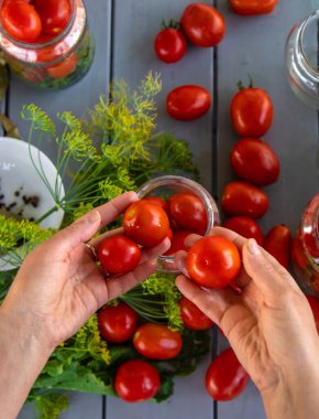 Kavanozda domatesleri muhafaza etmek. Seçici odaklanma. Yiyecek..