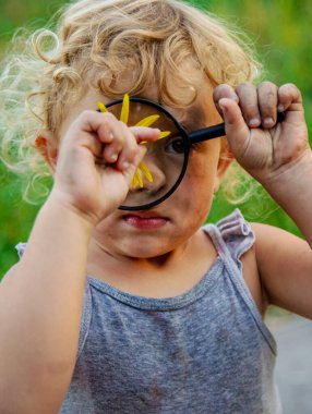 Bir çocuk büyüteçle bir çiçeğe bakar. Seçici odaklanma. Çocuk.