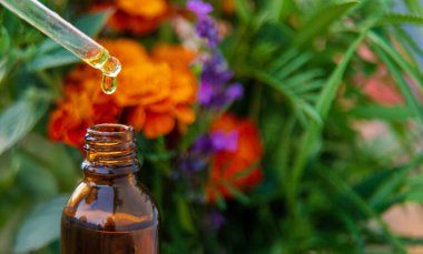 Bitkilerden ve çiçeklerden oluşan temel yağ damlaları. Seçici odaklanma. Doğa.