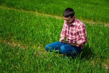 Bir çiftçi tarlada buğdayın nasıl yetiştiğini kontrol eder. Seçici odaklanma. Doğa.