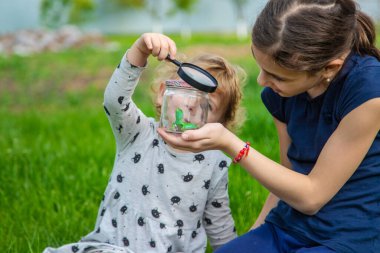Doğada bir kertenkeleyle çocuk. Seçici odaklanma. Çocuk.