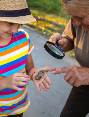 The child is playing with the frog. Selective focus. Kid.