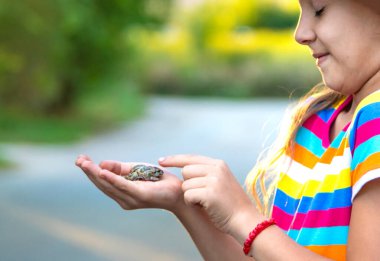 The child is playing with the frog. Selective focus. Kid.