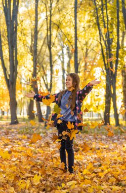 Parktaki sarı yapraklı sonbahar çocuğu. Seçici odaklanma. Çocuk.