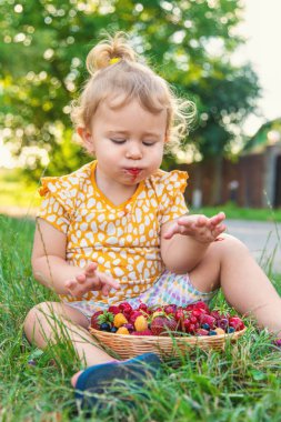 Çocuk bahçede böğürtlen yiyor. Seçici odaklanma. Çocuk.