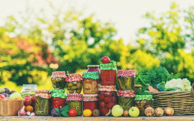 Jars with preserved vegetables for the winter. Selective focus. Food.