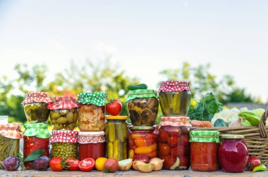 Jars with preserved vegetables for the winter. Selective focus. Food.