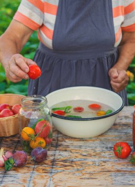 Senior woman preserving vegetables in jars. Selective focus. Food.