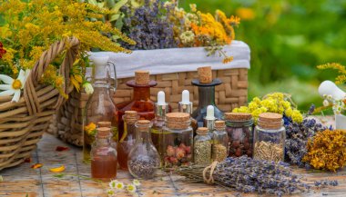 Medicinal herbs and tinctures on the table. Selective focus. Nature.