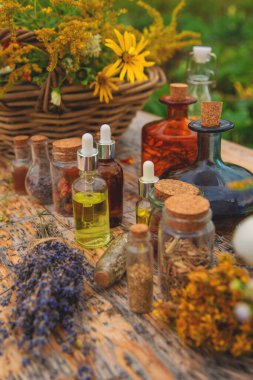 Medicinal herbs and tinctures on the table. Selective focus. Nature.