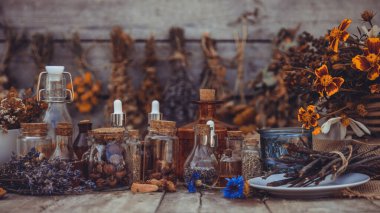 Medicinal herbs and tinctures homeopathy. Selective focus. Nature.