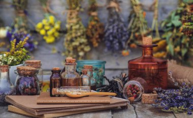 Medicinal herbs and tinctures homeopathy. Selective focus. Nature.
