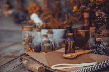 Medicinal herbs and tinctures homeopathy. Selective focus. Nature.