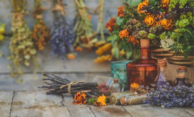 Medicinal herbs and tinctures homeopathy. Selective focus. Nature.