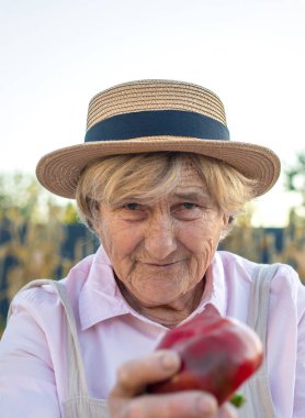 Şapkalı yaşlı bir kadının portresi. Seçici odaklanma. Doğa.