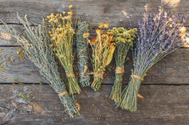 Kurutulmuş şifalı bitkiler ve çiçekler. Seçici odaklanma. Doğa.
