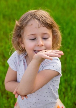 Uğur böceğiyle oynayan çocuk. Seçici odaklanma. Çocuk.