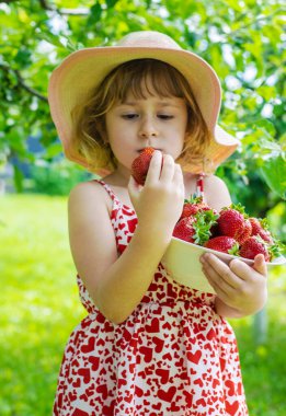 Bahçesinde çilek olan çocuk. Seçici odaklanma. Çocuk.