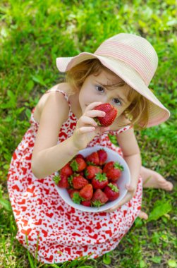 Bahçesinde çilek olan çocuk. Seçici odaklanma. Çocuk.