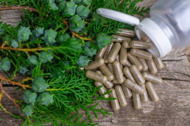 Thuja esaslı yağ ve takviyeler. Seçici odaklanma. Doğa.