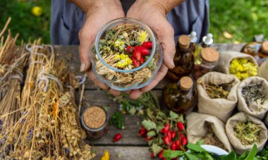 Alternatif şifalı bitkiler, yaşlı kadın. Seçici odaklanma. Doğa.