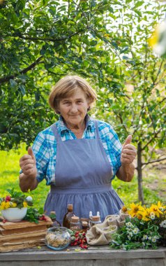 Alternatif şifalı bitkiler, yaşlı kadın. Seçici odaklanma. Doğa.