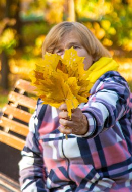 Sonbahar parkında kıdemli bir kadın. Seçici odaklanma. Doğa.
