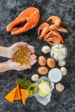 D vitamini içeren ürünler. Seçici odaklanma. yiyecek.