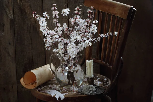 Ainda vida com ramos floridos de damasco e vela — Fotografia de Stock
