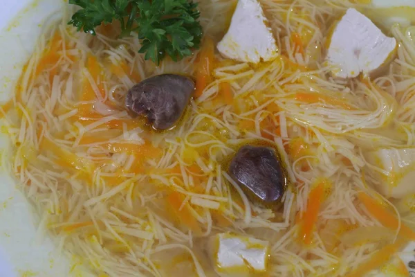 Chicken soup with noodles and meat — Stock Photo, Image