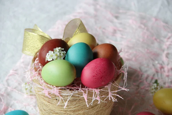 Œufs de Pâques dans un panier — Photo