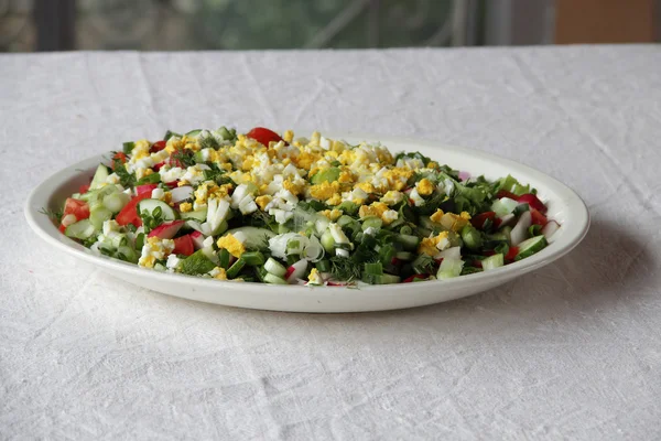 Ensalada de pepinos, tomates, rábanos y huevos — Foto de Stock