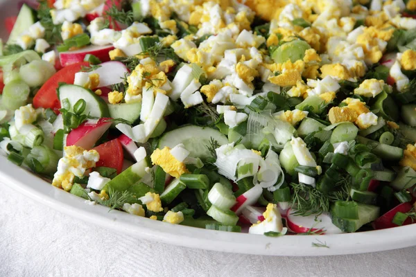 Salada de pepinos, tomates, rabanetes e ovos — Fotografia de Stock