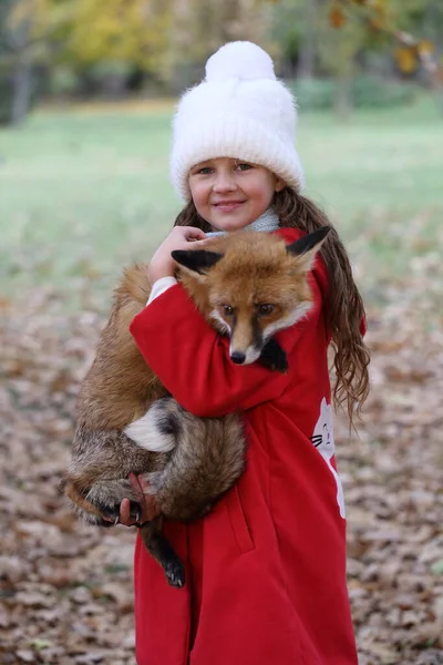 Meisje Met Vos Haar Armen Het Herfstpark — Stockfoto