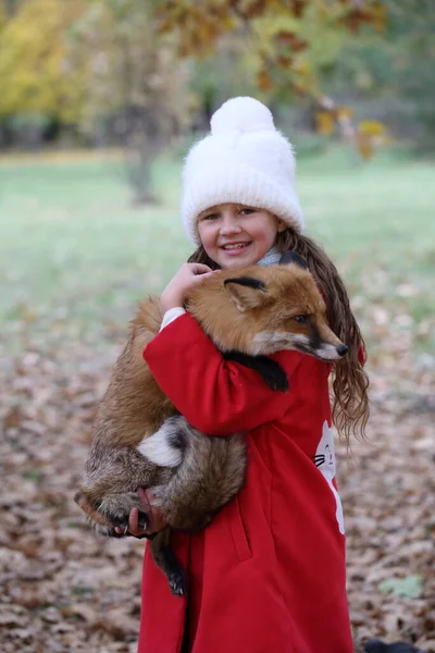 Meisje Met Vos Haar Armen Het Herfstpark — Stockfoto