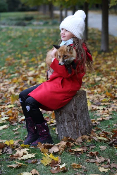 Dívka Červeném Plášti Drží Lišku — Stock fotografie
