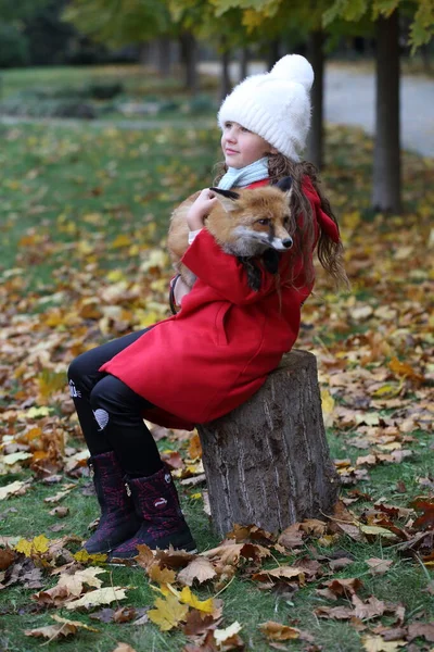 Dívka Červeném Plášti Drží Lišku — Stock fotografie