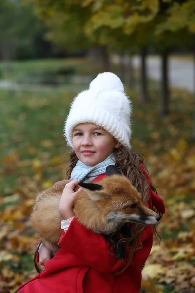 Červená Liška Náručí Dívky — Stock fotografie