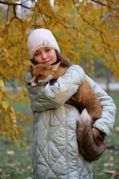 Een Meisje Met Een Rode Vos Het Herfstpark — Stockfoto