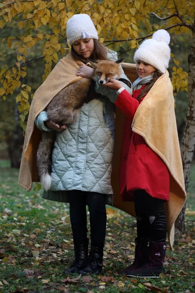 Two Girls Forest Look Fox — Stock Photo, Image