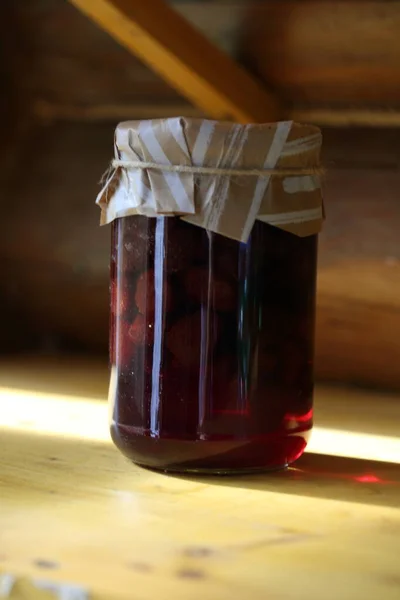 Vaso Marmellata Ripiano Legno — Foto Stock