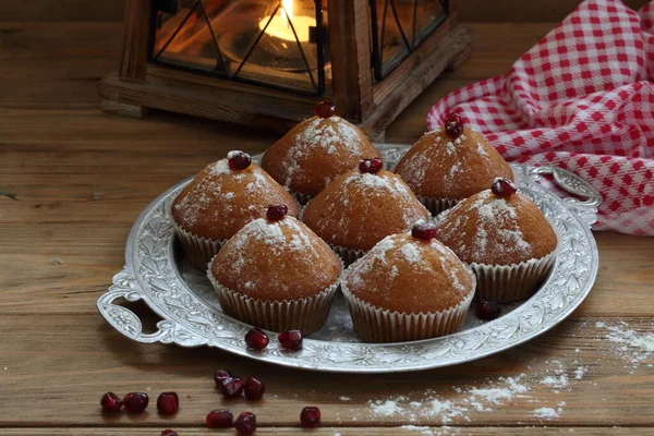 New Year Still Life Muffins Powdered Sugar Burning Candle — Stock Photo, Image