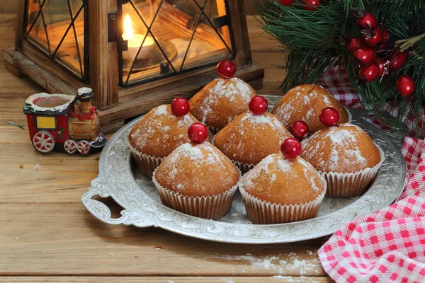 Muffins Powdered Sugar Christmas Cupcakes New Year Still Life — Stock Photo, Image