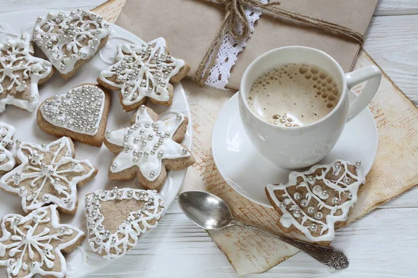 Cappuccino Gingerbread Cookies White Glaze — Stock Photo, Image