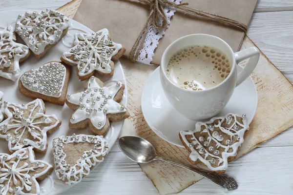 Cappuccino Gingerbread Cookies White Glaze — Stock Photo, Image