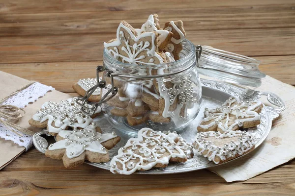 Christmas Cookies Glass Jar Wooden Background — Stock Photo, Image