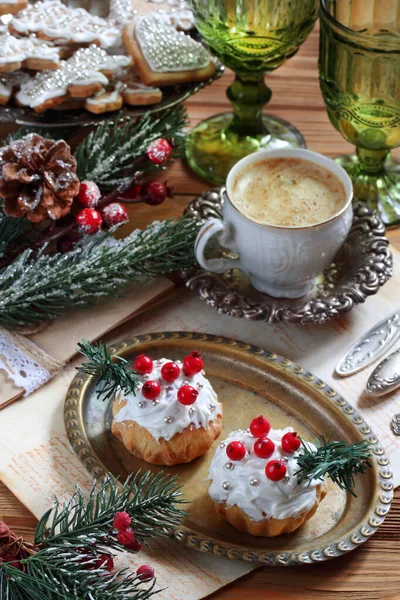 Kerst Cupcakes Met Koffie Koffie Met Gebak — Stockfoto